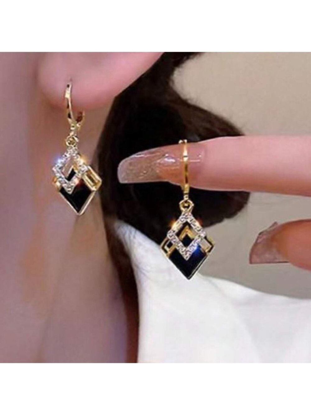 Gold & Black Geometric Drop Earrings – Rhinestone Accent
